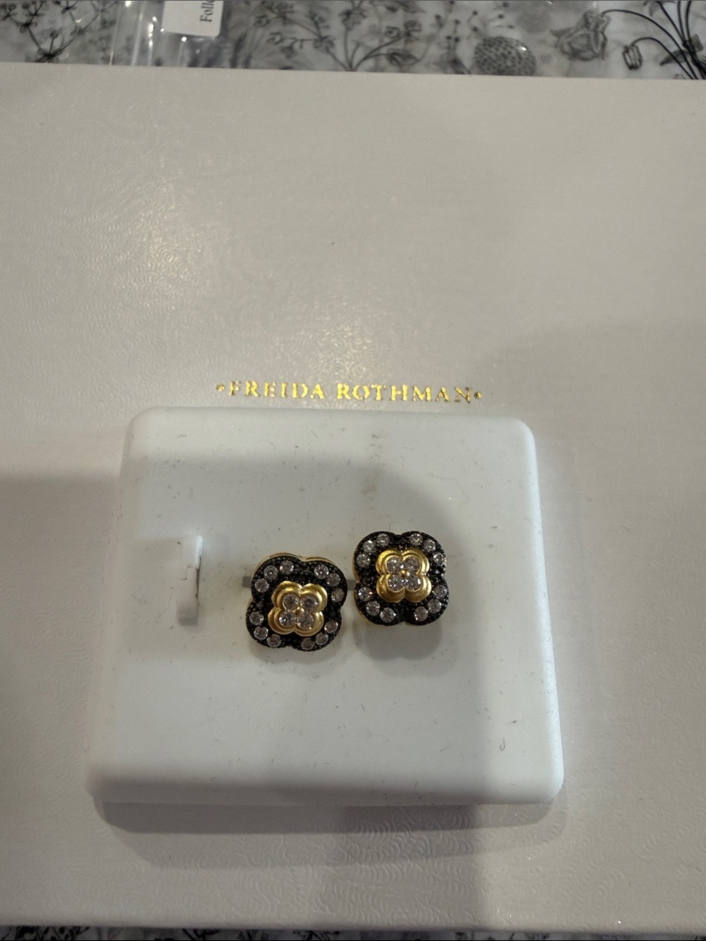 Freida Rothman Sterling Gold & Black Flower Crystal Stud Earrings